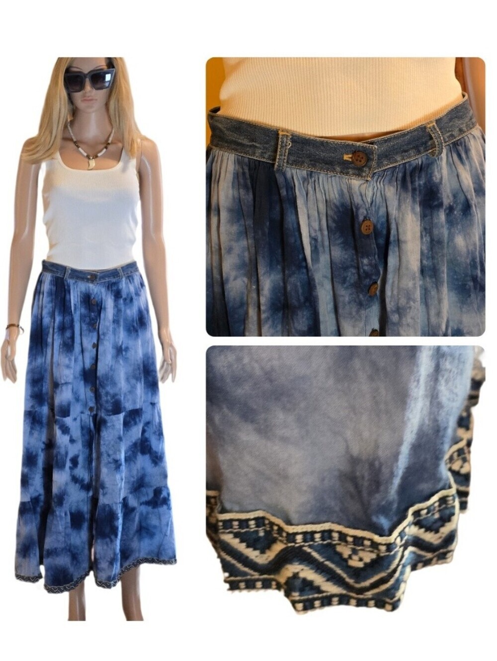 VTG Y2K St. John’s Bay Tie Dye Tiered Maxi Skirt Blue Denim Waist  EUC 28" Waist